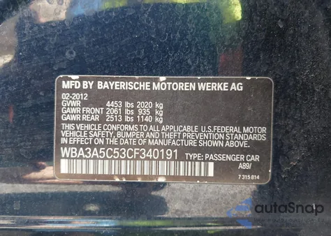 2012 BMW 328I z USA, uszkodzony, nr VIN WBA3A5C53CF340191